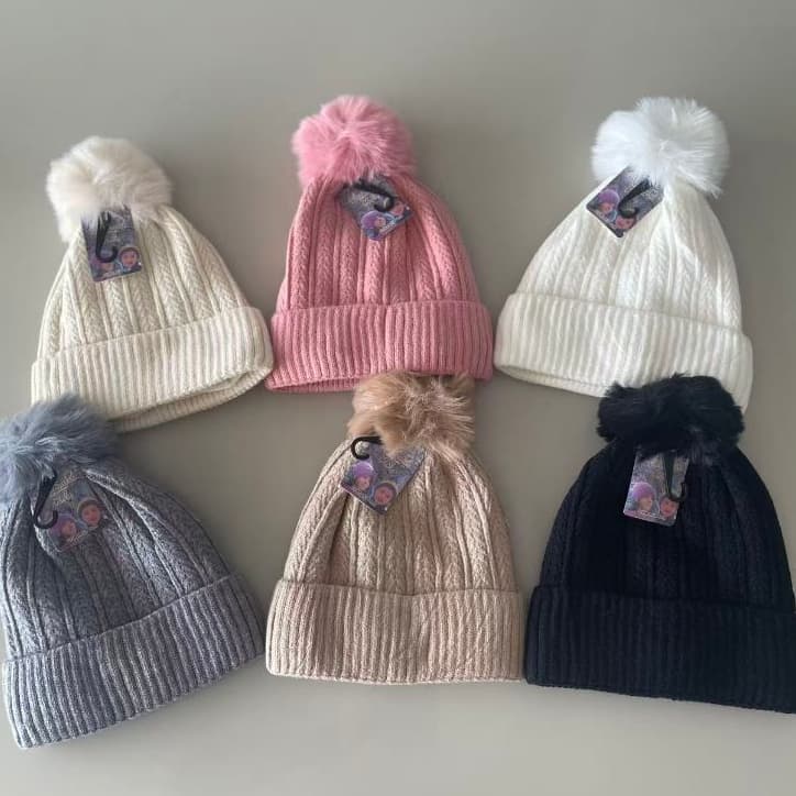 Touca Infantil de Inverno Lã Tipo Cashmere com Pompom Macio Quente Confortável Unissex