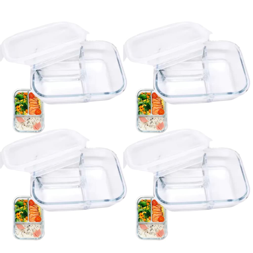 Conjunto Kit 4 Potes de Vidro Com Tampa Hermética 3 Divisórias 1 Litro Marmita Fitness Retangular