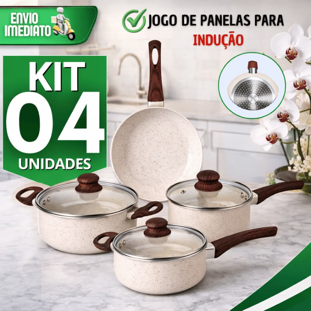 Jogo Panela Indução 2 Panelas 1 Caçarola Com Tampas De Vidro 1 Frigideira Cerâmica Antiaderente