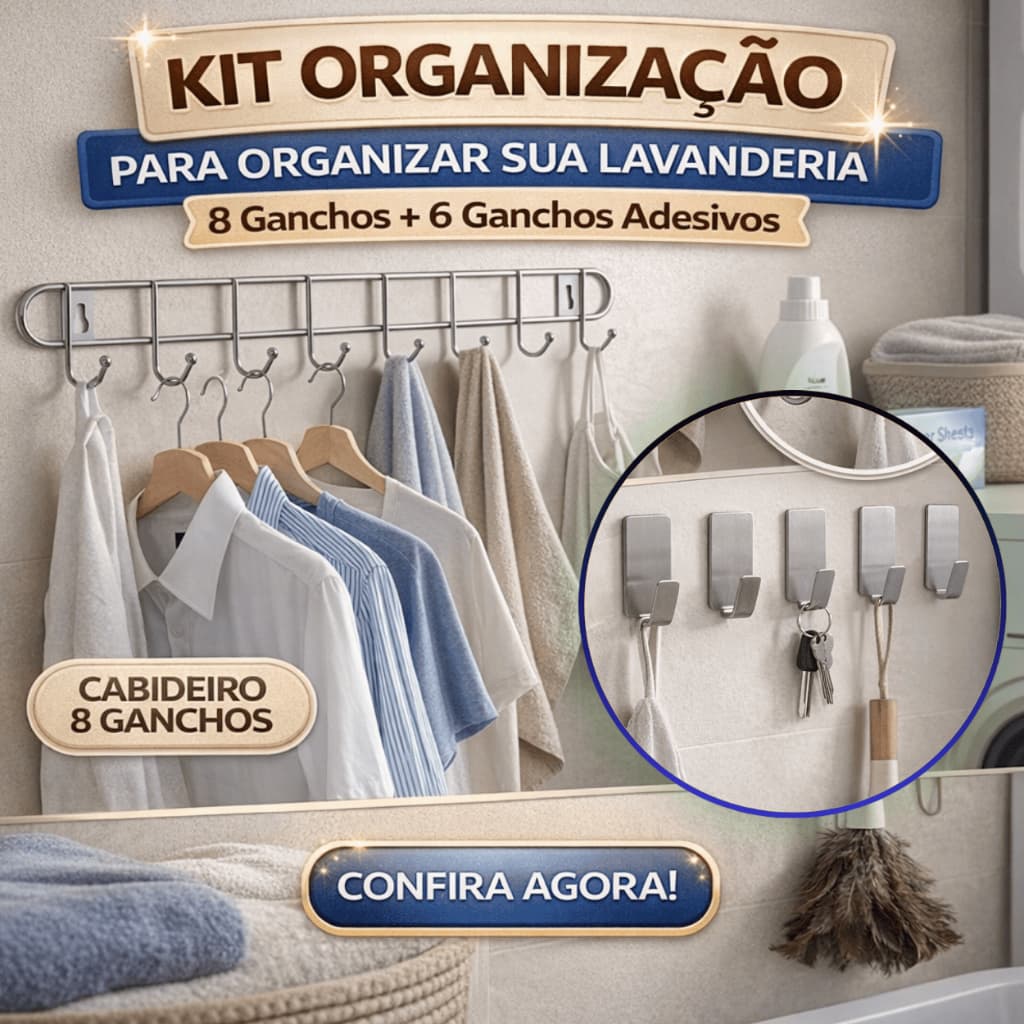 KIT Suporte Cabideiro de parede e 6 Ganchos Adesivos Organização Lavanderia