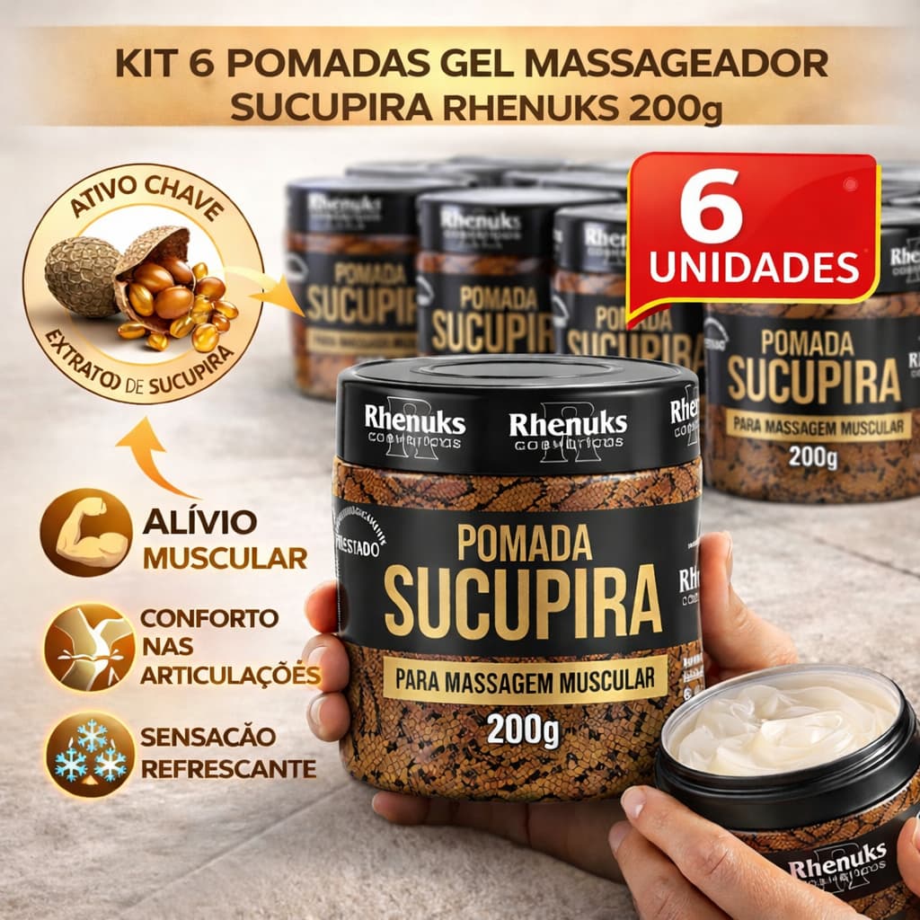 Kit 6 Pomadas Gel Massageador Sucupira Rhenuks 200g Extra Forte Alívio Muscular