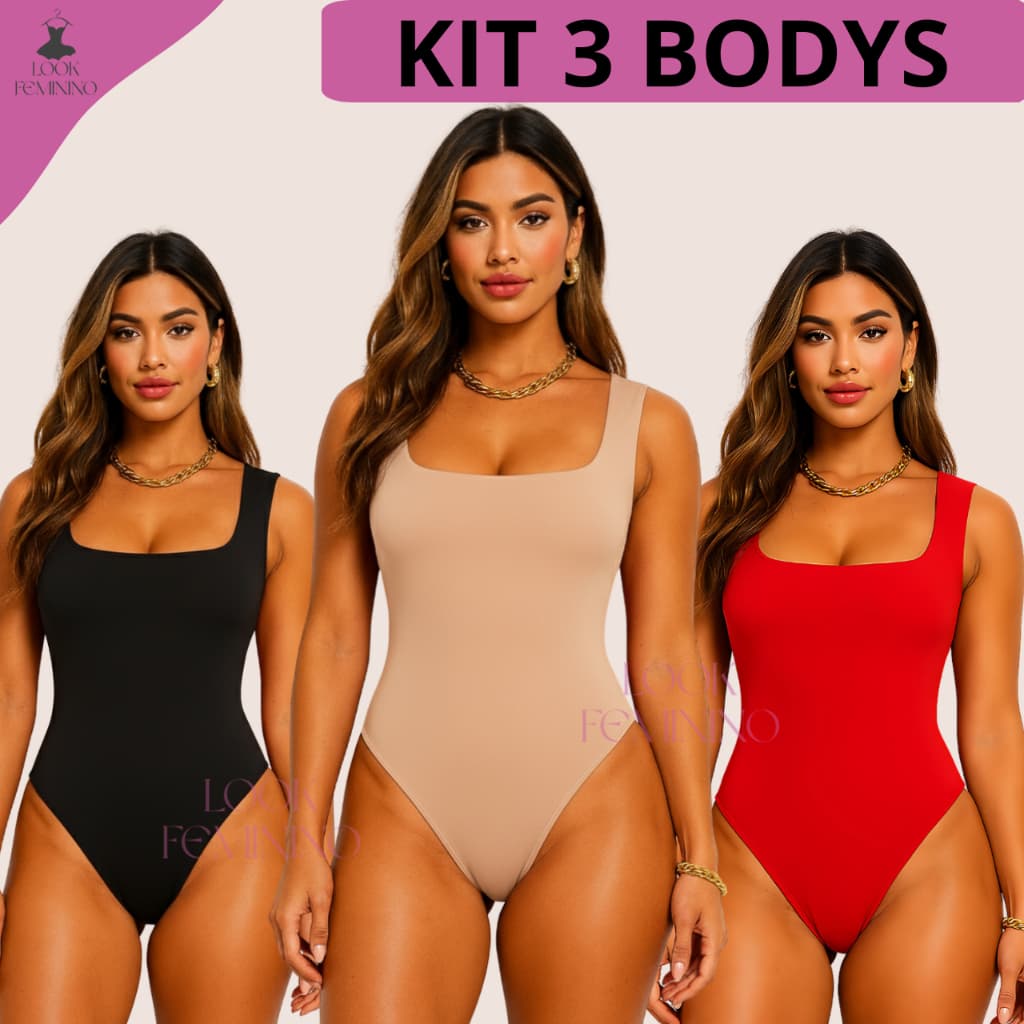 Kit 3 Body Feminino Decote Quadrado Alças Grossas Casual Basico e Elegante com Forro Duplo Estilo Blogueira