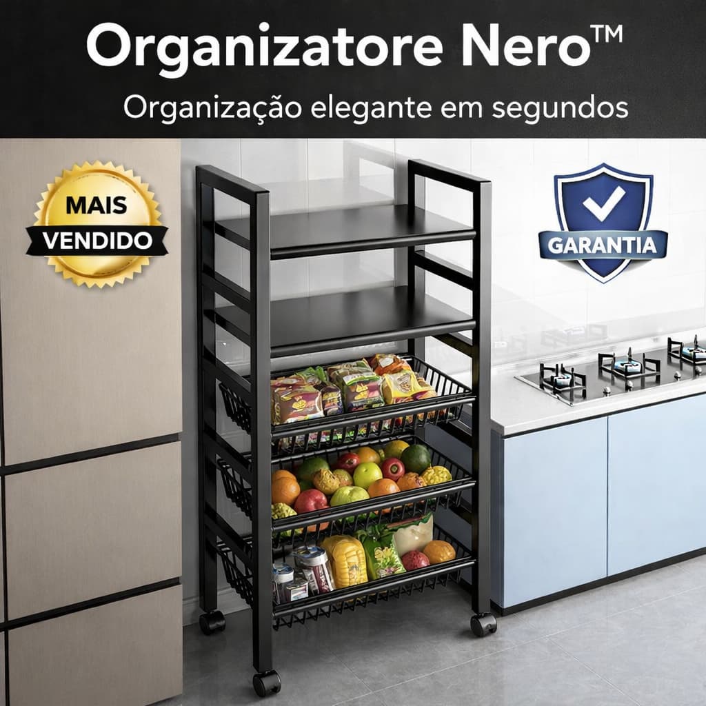 Organizador de Cozinha com Rodinhas 4 Andares Fruteira Multiuso Vertical Compacta Preto