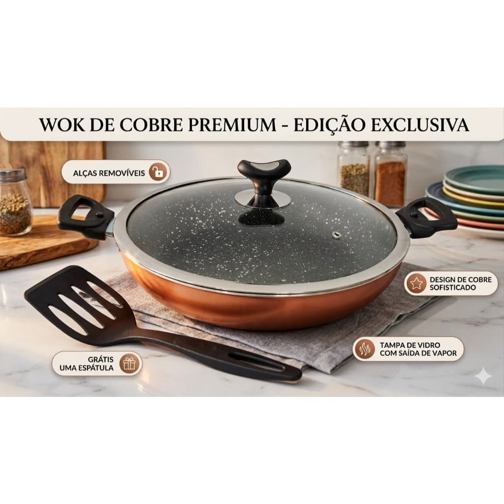 Panela Paellera Antiaderente Alça Removível Tampa Vidro Cobre