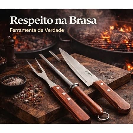 Kit Churrasco 3 Peças Aço Inox Cabo Madeira Utensílios Churrasqueira Faca Chaira Resistente Durável
