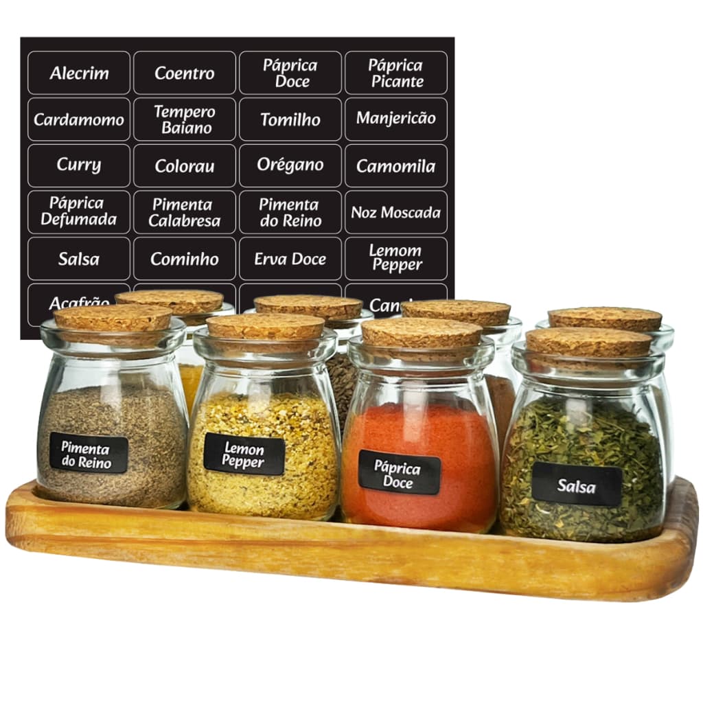 Porta Temperos de Madeira com  8 Potes de Vidro 110ml Organizador de Cozinha Condimentos