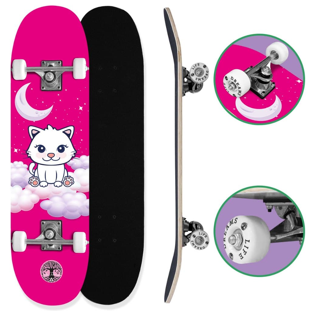 Skate Feminino Rosa Menina Infantil Criança Iniciante Montado 70KG Street Cat Life Dreams