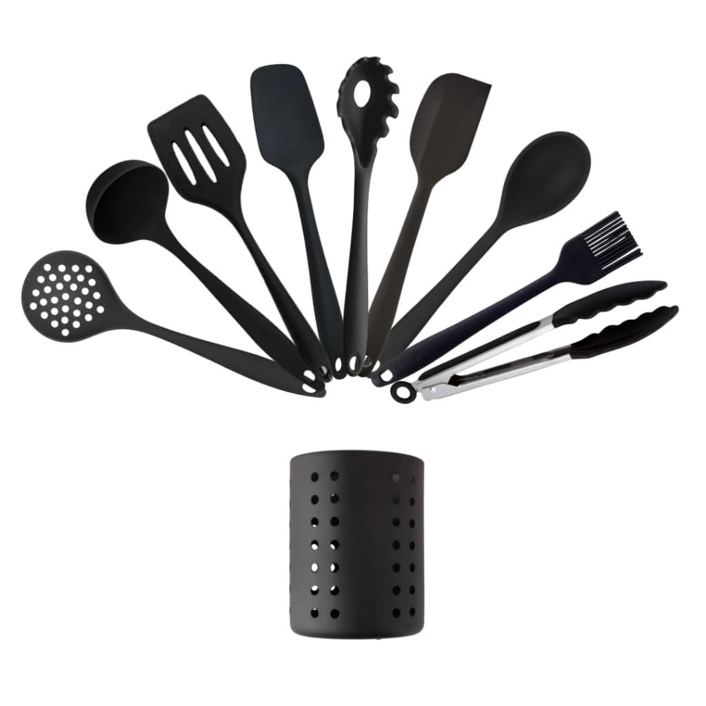 Kit Utensílios de Silicone Inteiriço 9 Peças + Suporte Em Aço Inox Preto para Cozinha Linha Premium Escumadeira Espatula