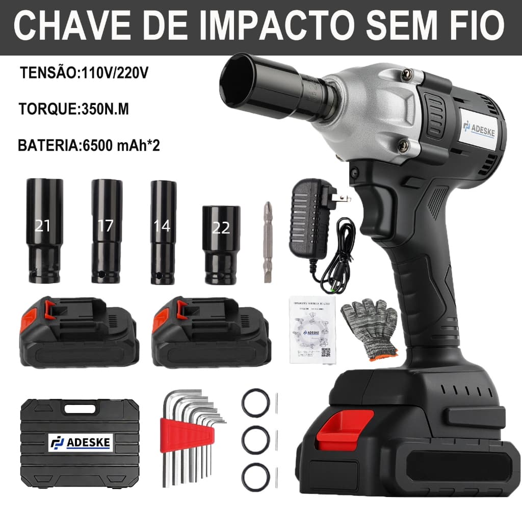 Chave de Impacto Elétrica Sem Fio 350Nm Preta | Kit Completo com 2 Baterias, Soquetes e Maleta