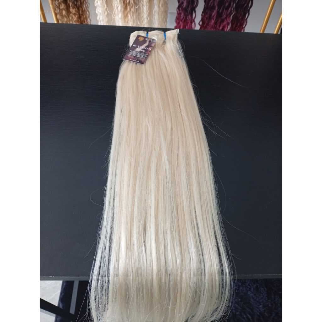 Aplique de Cabelo Liso Loiro Claríssimo 100% Semi Humano em Fita Adesiva 60cm Fibra Russa Premium