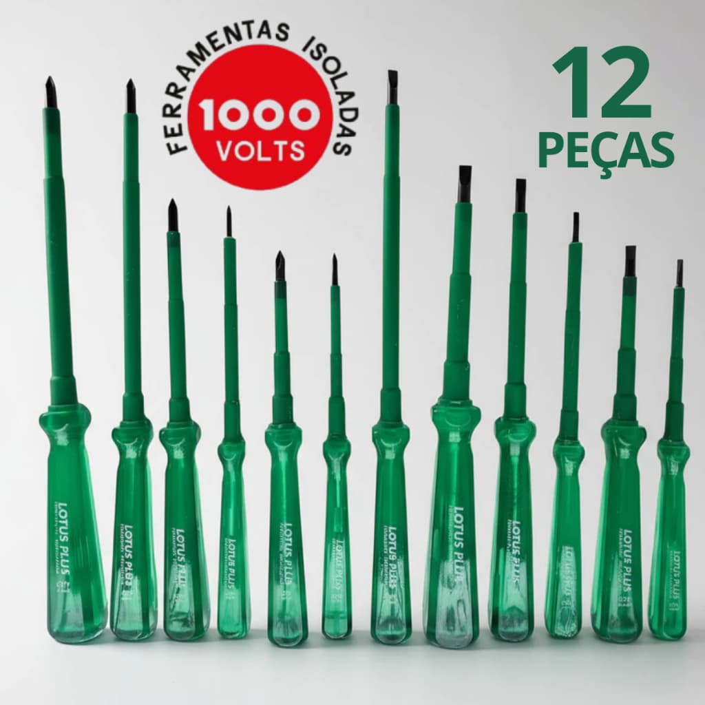 Jogo Chaves Fenda Phillips Isolada Ponta Magnetizada 1000V Kit 12 Peças - Uso Profissional