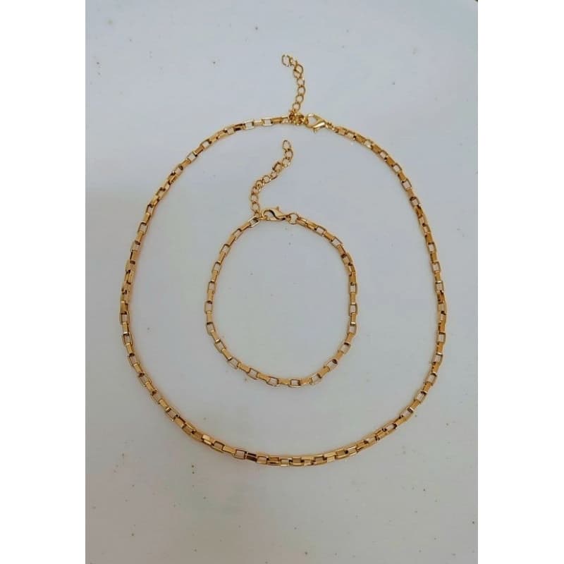 Conjunto Choker e Pulseira Elo Tijolinho Aço com Banho Duplo Verniz Italiano.