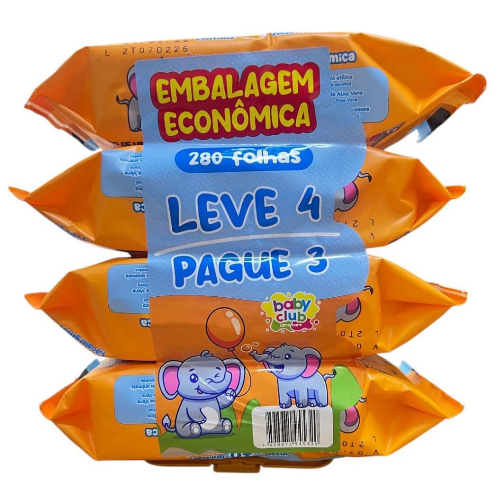 Kit Toalhas Umedecidas Sem Álcool 4 Pacotes Com 70 Unidades Cada - Total 280 Unidades Baby CLubb