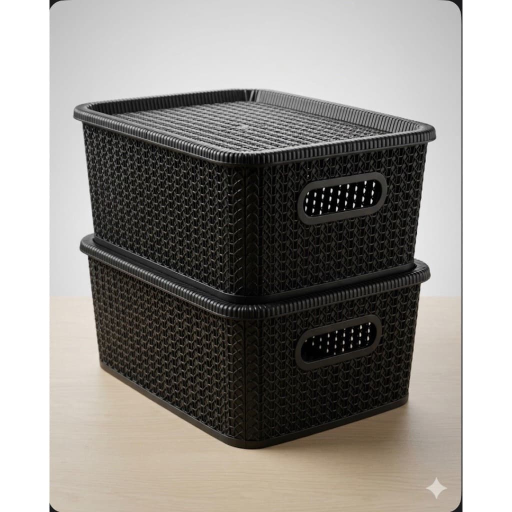Kit Caixas Organizadoras Rattan C/ Tampa Cesto Grande 12.5 Litros Design Moderno Empilhavel