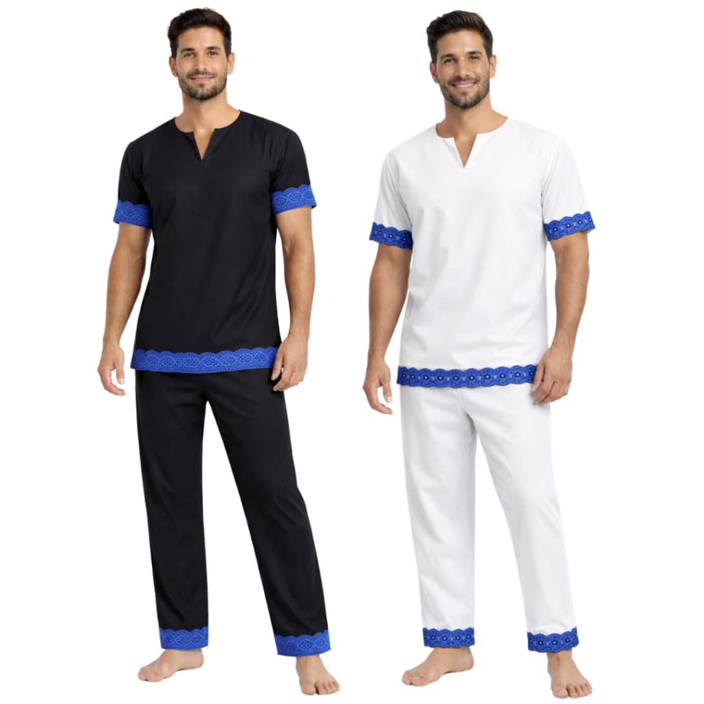Conjunto Masculino Umbanda e Candomblé Bordado Azul Premium do P ao EGG