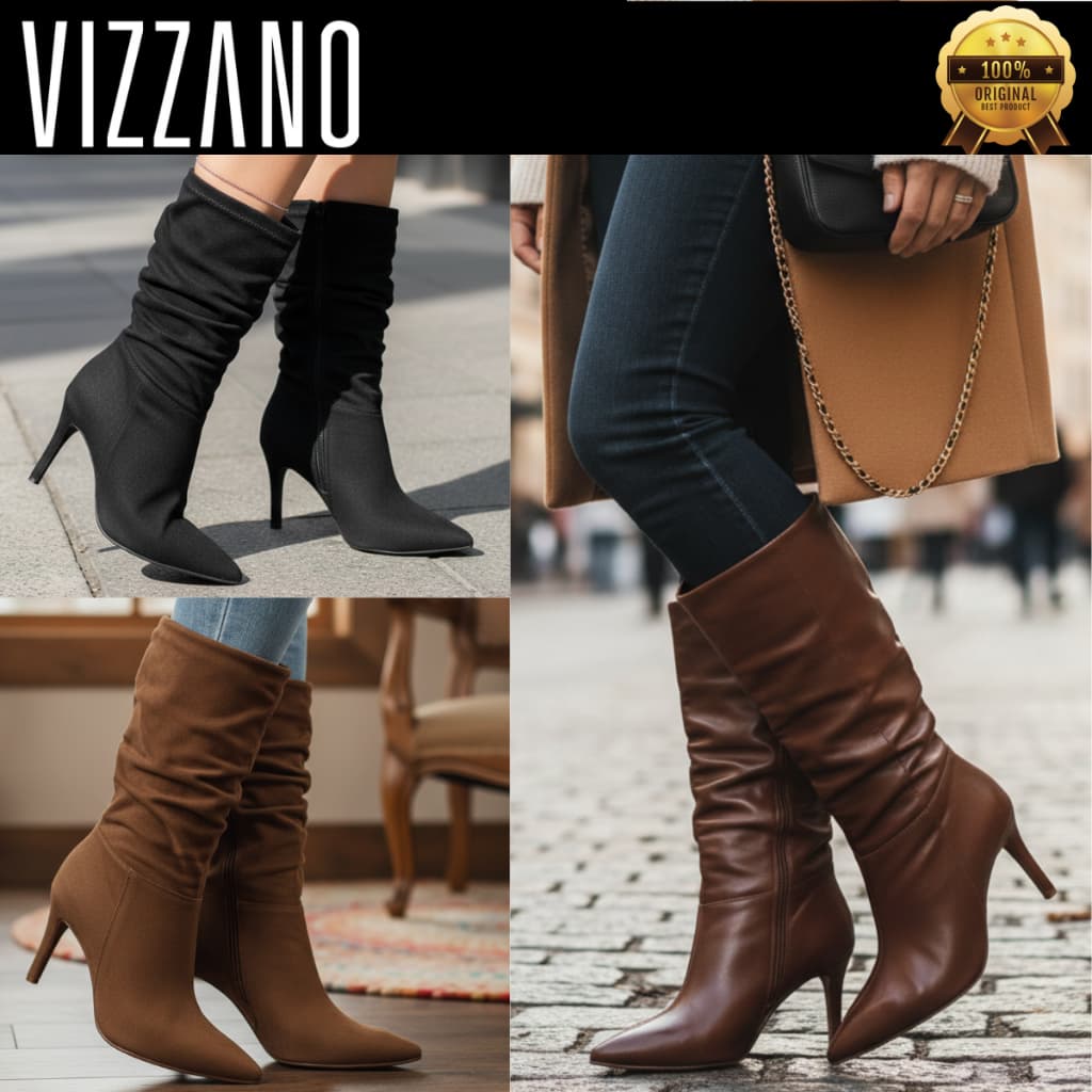 Bota Vizzano Feminina Slouchy Salto Fino Cano Médio Drapeado Bico Fino Elegante Salto Confortável 3112101 Original