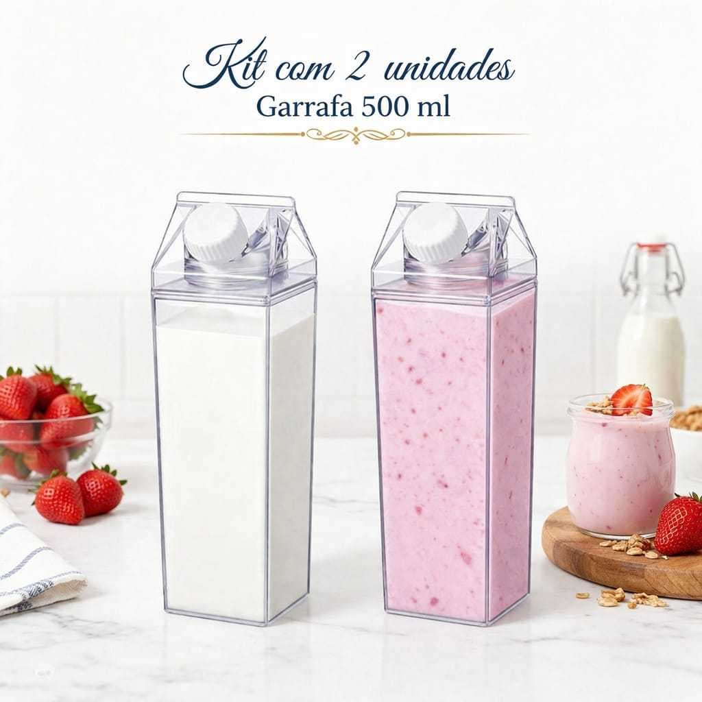 Kit Dupl 2 Garrafa De Acrílico Para Leite 500ml Garrafinha De Água Transparente Suco Chá Geladeira Com Tampa