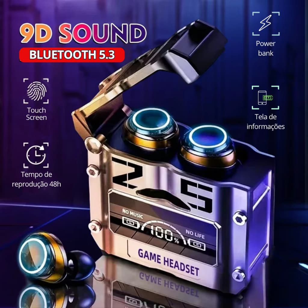 Fone de ouvido TWS M25 Power Bank / sem fio Som 9D Estéreo, Display LED - À Prova d’Água Gamer e Esportivo Bluetooth 5.3