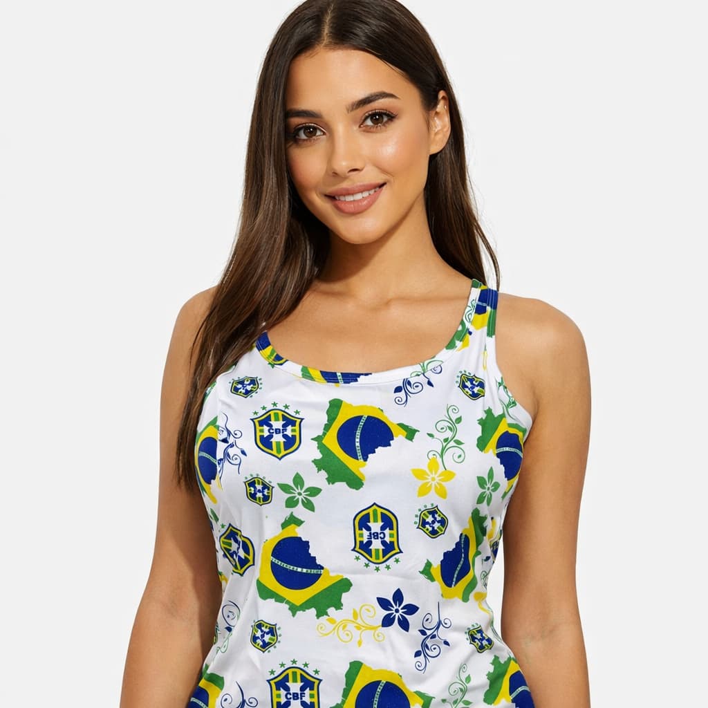Regata Blusa Feminina em Malha Suede Básica Estampado Brasil Alça Grossa Verão