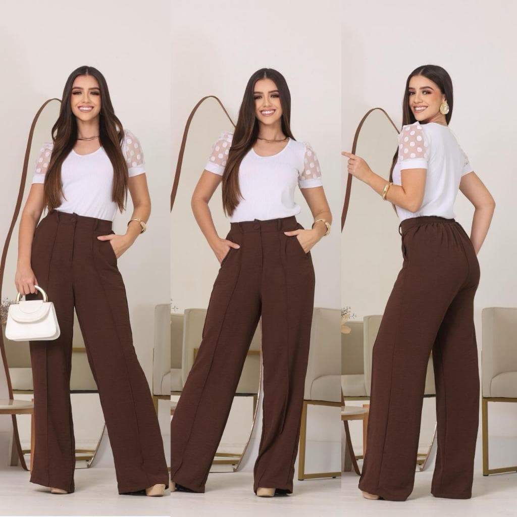 Calça Pantalona Feminina Com Botão e Elástico Na Cintura Tecido Duna Premium Tendencia  2026