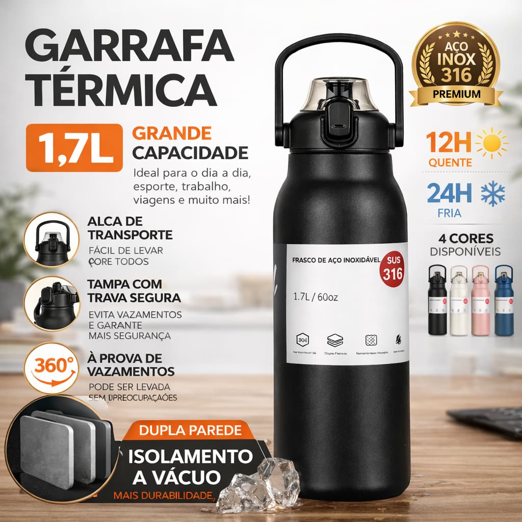 Garrafa 1700, 900ml Térmica Prática Versátil Aço Inoxidável Com Alça Transporte Fácil Confortável