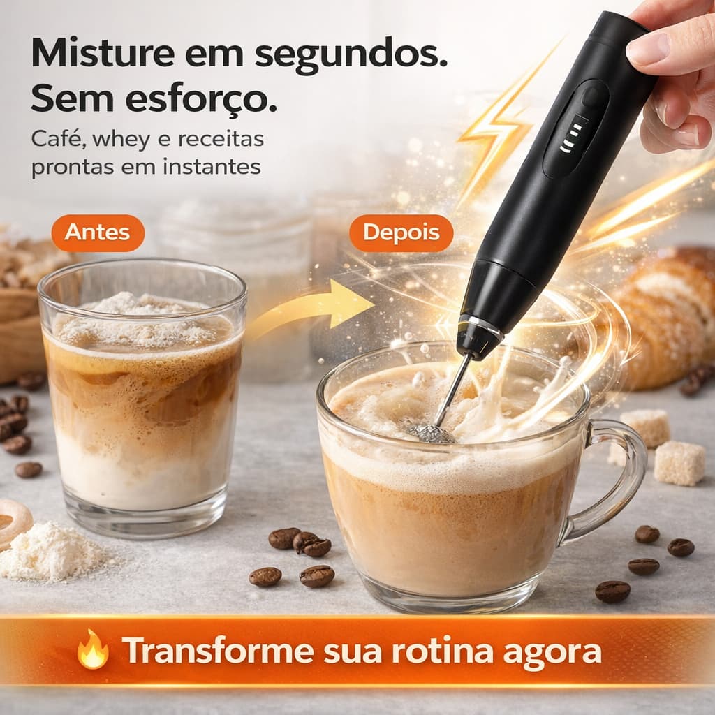 Mini Mixer Elétrico Portátil Recarregável USB Bivolt Batedor de Café Whey e Receitas Rápidas