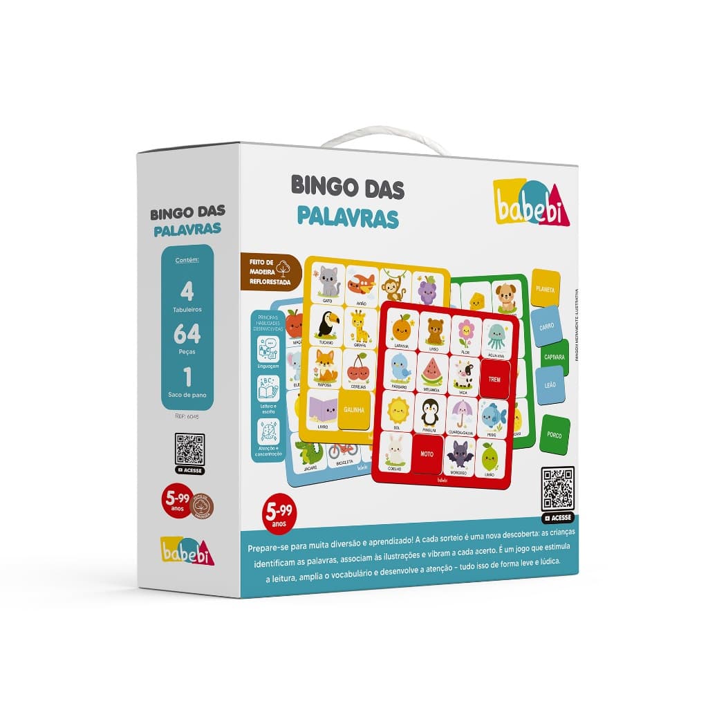 Bingo das Palavras Babebi 4 Tabuleiros 64 Peças Madeira Educativo Pedagógico Alfabetização +5