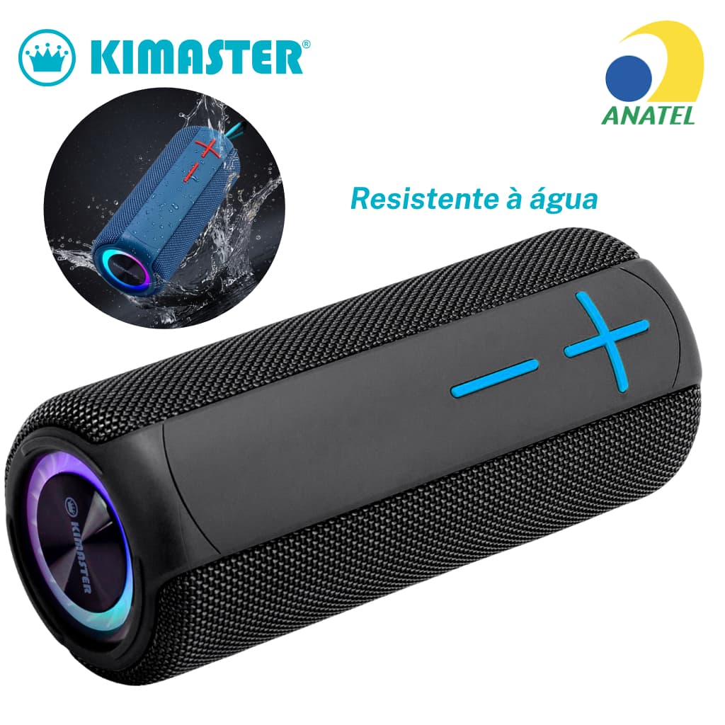 Caixa de Som Kimaster Resistente à Água 18W Bluetooth com LED RGB, Rádio FM e Bateria 10HR