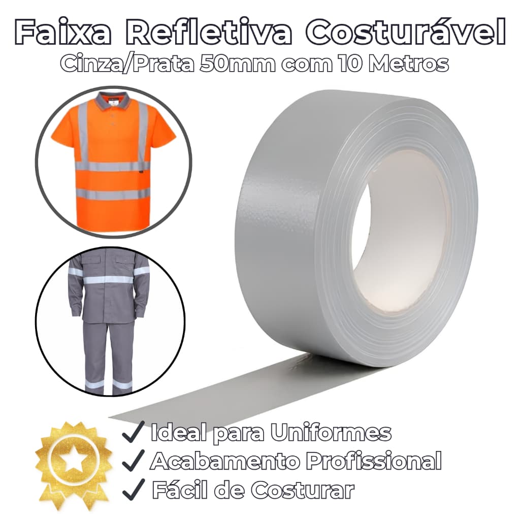 Fita Faixa Refletiva Cinza Prata 50mm 10 Metros Costurável para Roupa e Uniforme
