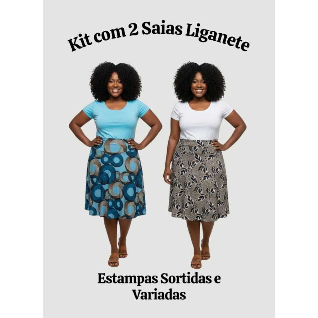 Kit 2 Saias Liganete Senhora Cós Elastico Com Forro Estampada
