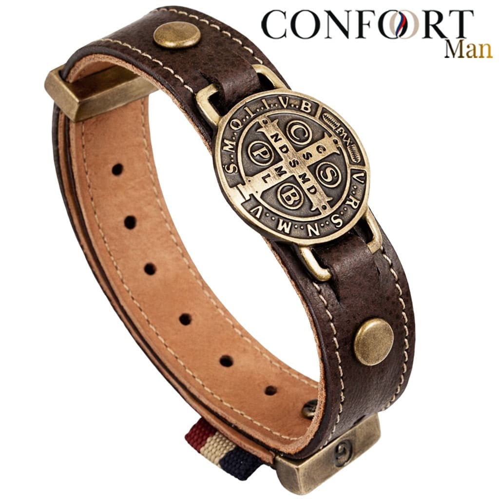 Pulseira de Couro Masculina Country Ajustável São Bento Proteção - Diversos Modelos
