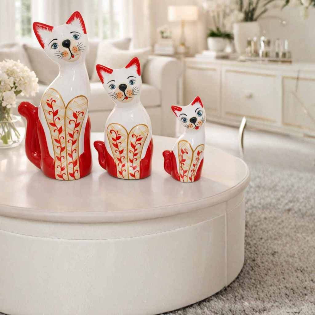 Kit 3 Gatos Decoração Cerâmica Balcão Mesa Aparador