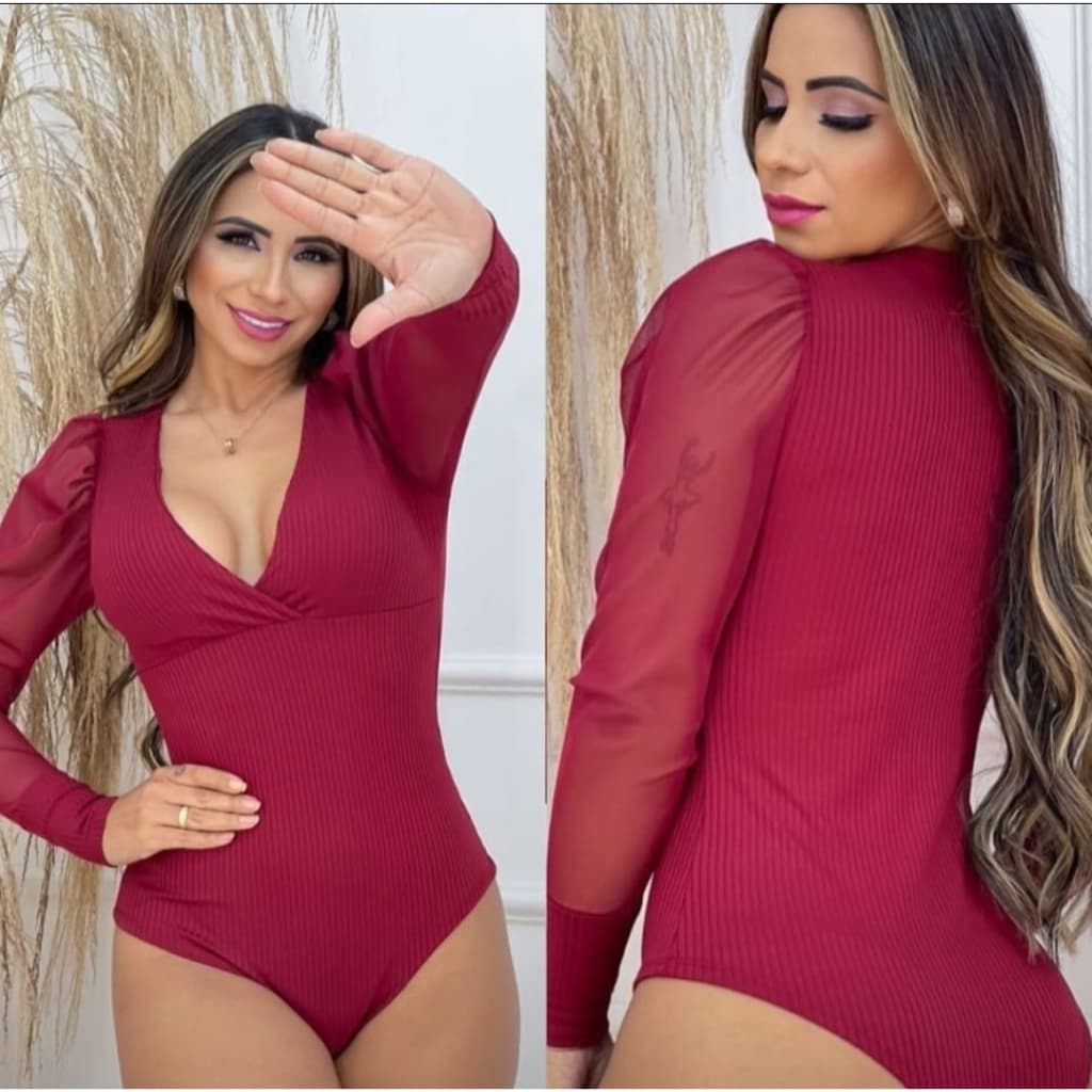 Bodyfemenina blusa canelado manga longa tuli decote V elegante moda estilosa