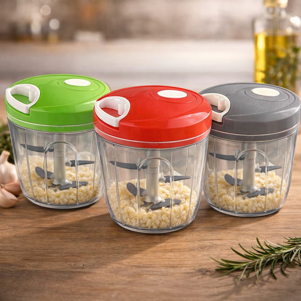 Kit 3/2/1 Mini Processador Manual 5 Lâminas 700ml Picar Alho Cebola Ervas Temperos Legumes Cozinha