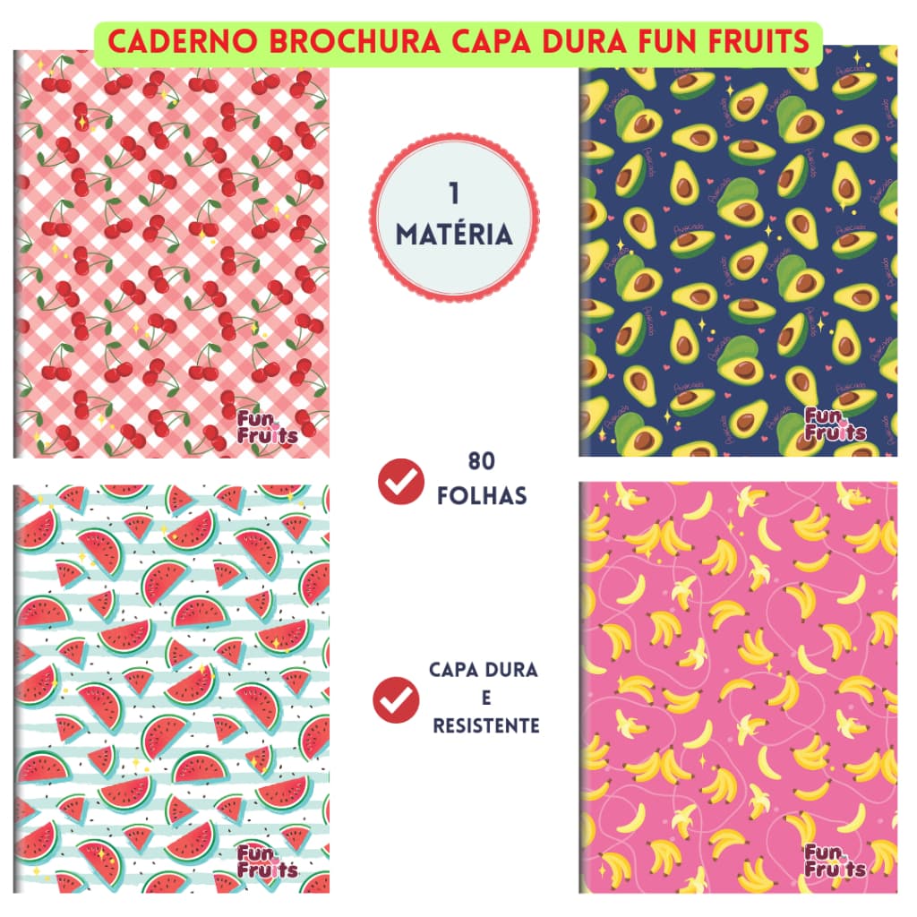 Caderno Brochura Capa Dura 80 Folhas 1 Matéria Fun Fruits - 3B Cadernos