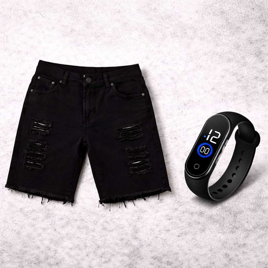 Bermuda Masculina Jogador Rasgada Preta + Relogio Masculino Digital Led Pode Molhar