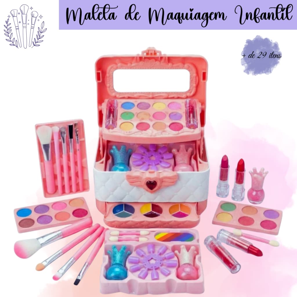 Maleta de Maquiagem Infantil Princesa Kit Completo Com Espelho Seguro Brinquedo Menina