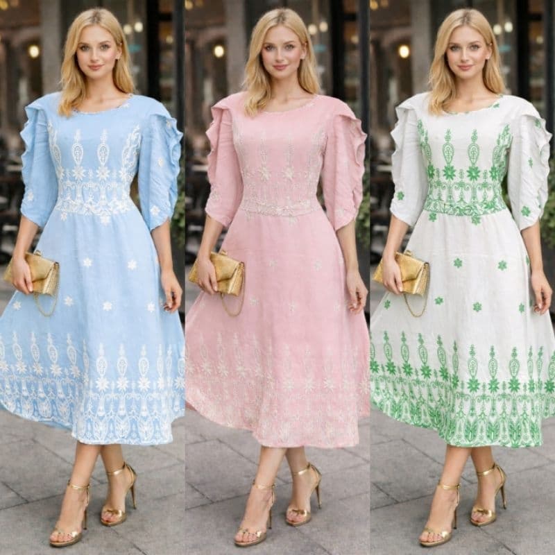 VESTIDO FEMENINA BORDADO MIDI ELEGANTE MANGA COM FENDA COM CINTO ESTAMPAS BARADOS