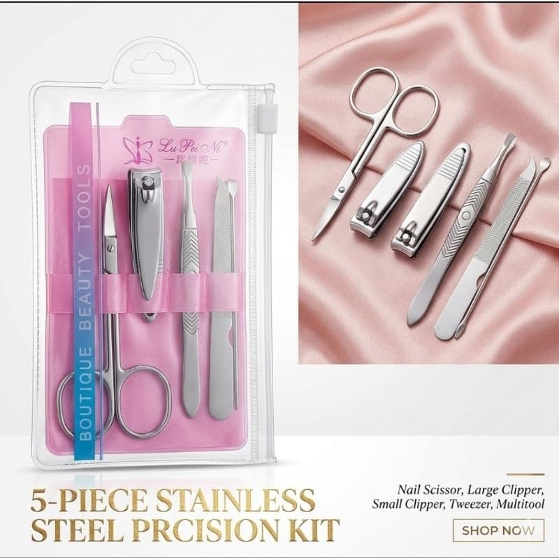 Kit Manicure Completo 5 Peças em Aço Inox com Estojo - Portátil e Prático