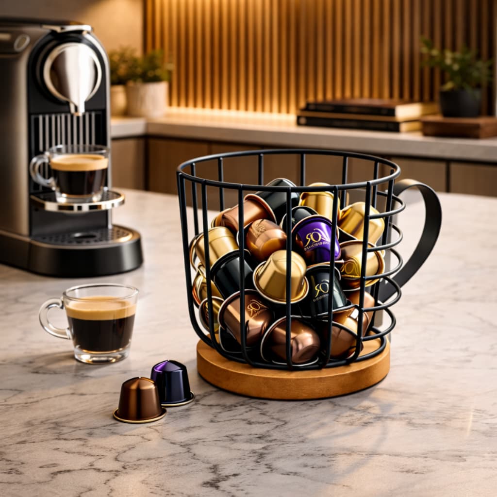 Porta Cápsulas Café Metal Preto com Base de Madeira Organizador Multiuso para Cápsulas Espresso