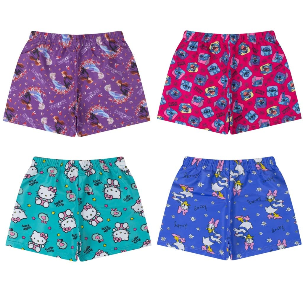 Kit 3 Shorts Tactel Infantil Feminino Personagens Menina 2 a 10 Anos Margarida Barbie Stitch Frozen Hello Kitty