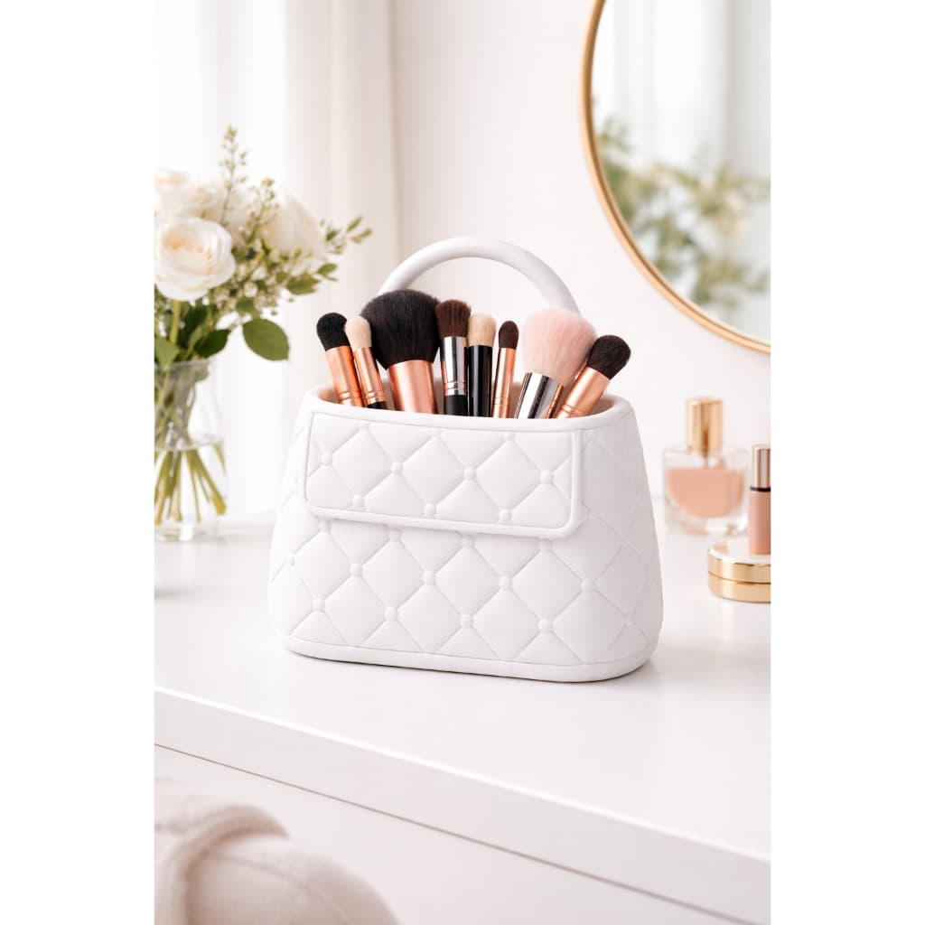 Organize Sua Maquiagem com Estilo – Porta Pincéis Luxo em Formato de Bolsa (Prático e Sofisticado)