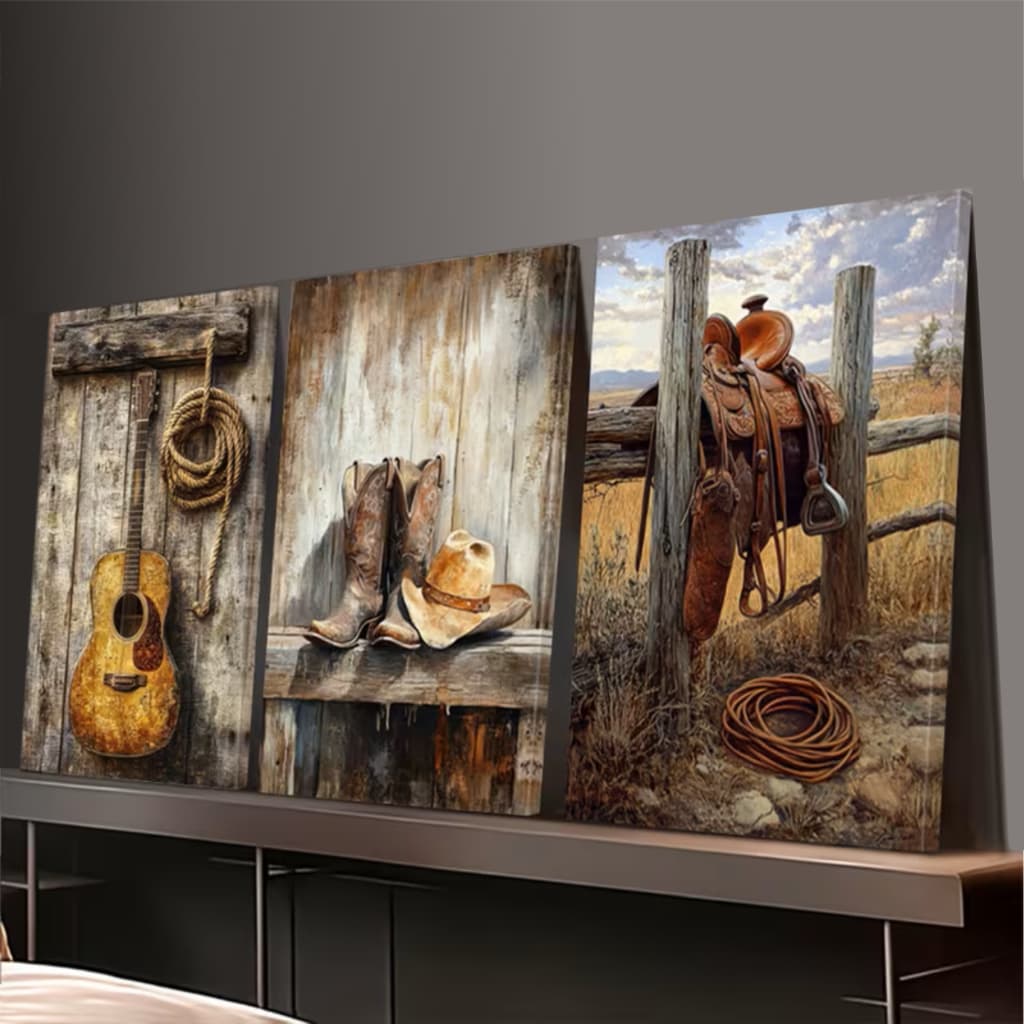 Kit 3 quadros decorativos country cowboy chapéu violão sela