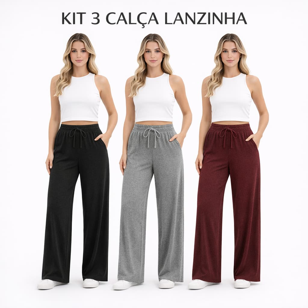 Kit 3 Calça Pantalona de Lazinho Feminina Cintura Alta com Bolso Outono/Inverno Confortável Elegante