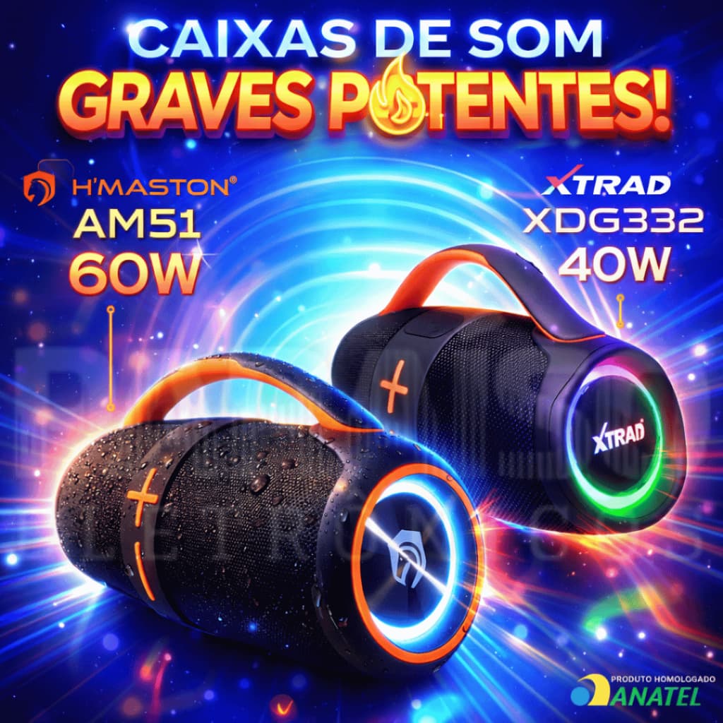 Caixa de Som Bluetooth 60W/40W Portátil Grave Potente Prova d'Água TWS Rádio FM Pen Drive