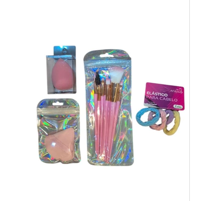 Kit Maquiagem Completo 8 Pincéis + 2 Esponjas + Elástico Cabelo Presente Feminino
