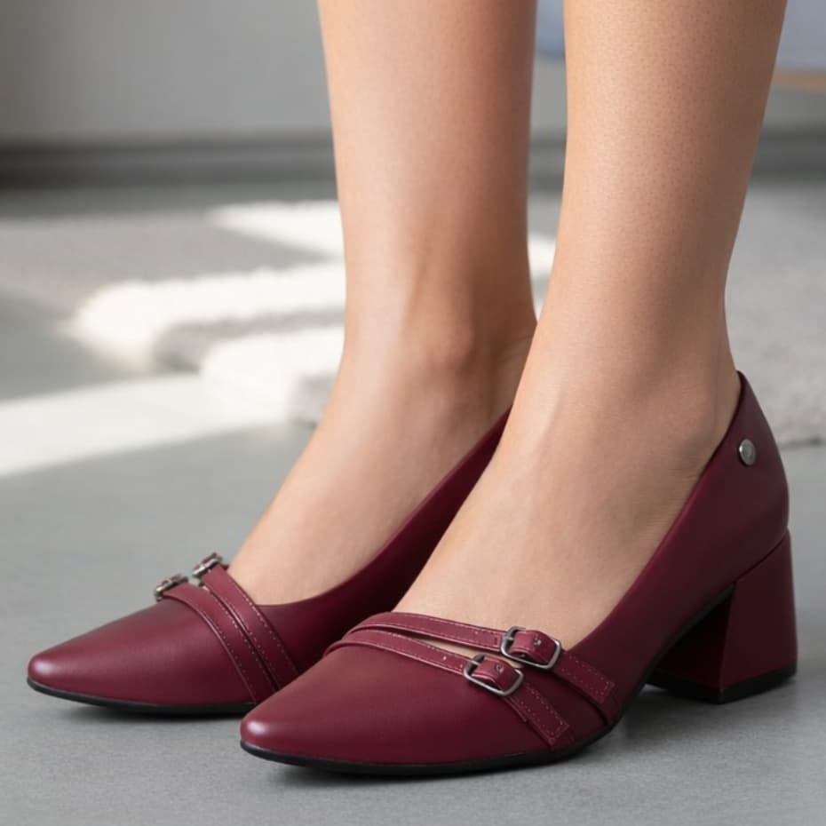Sapato Feminino Scarpin Bico Fino Salto Bloco Médio 5cm  Duas Fivela Confortável Elegante Casual