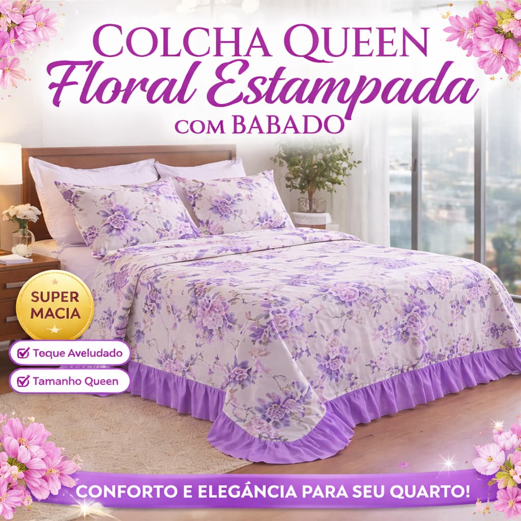 Colcha Queen Floral Estampada Com Babado Toque Macio Confortável Luxo Para Cama Box Posta