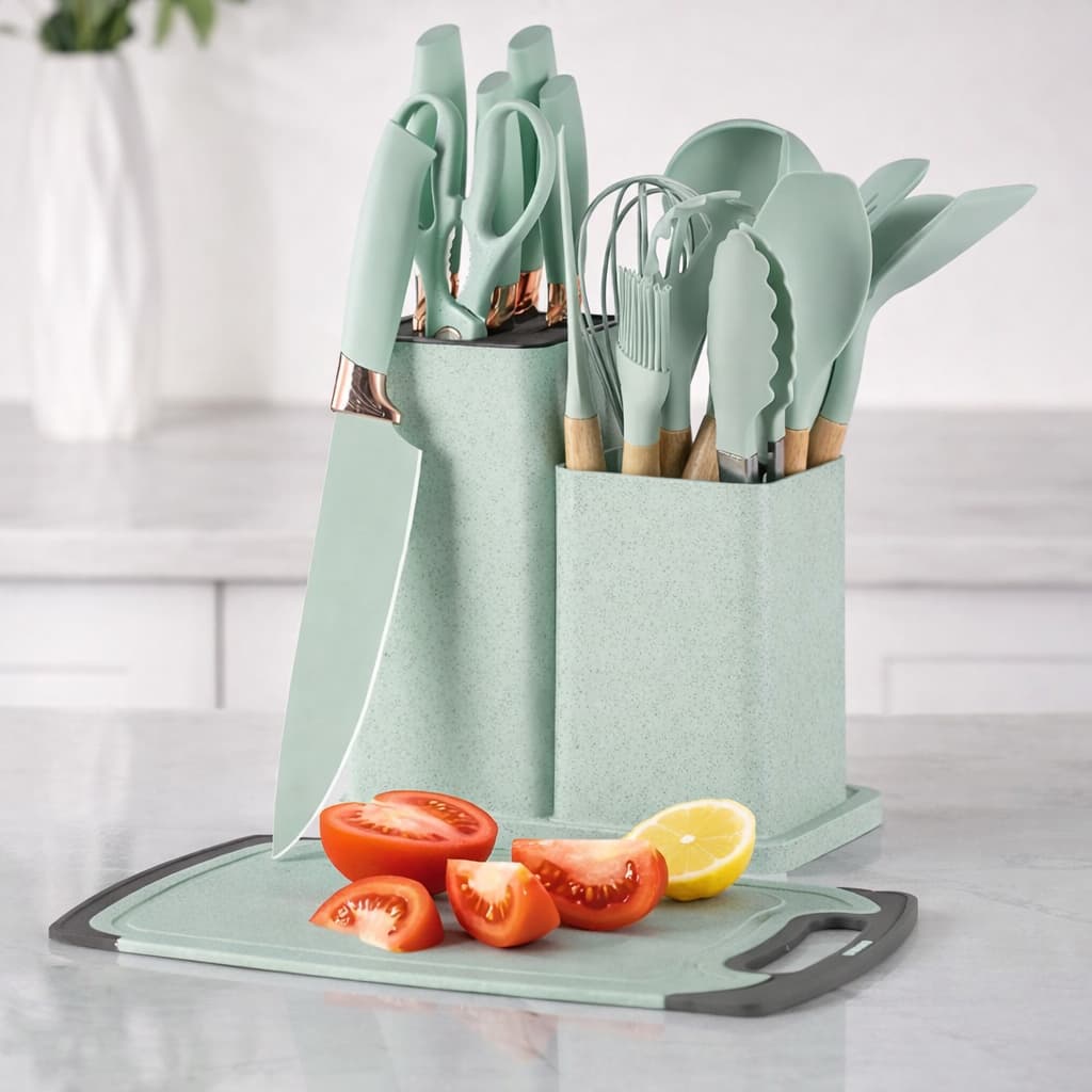 Kit Utensílios de Cozinha Silicone 19 Peças Completo com Suporte Cabo de Madeira Resistente ao Calor