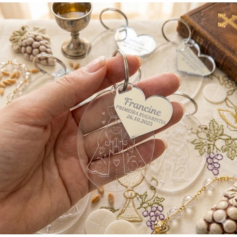 15 peças Lembrancinha Chaveiro Primeira Eucaristia/Comunhão ou Batizado | Acrílico Personalizado (Espelhado)
